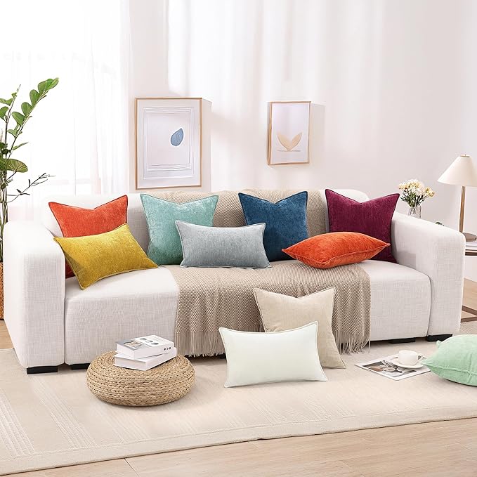 decorUhome Couch Throw Pillow Covers 24x24 Set of 2, Decorative Soft Euro Neutral Chenille Pillow Covers with Elegant Design for Sofa Bed Living Room Home Decor, Aqua Haze