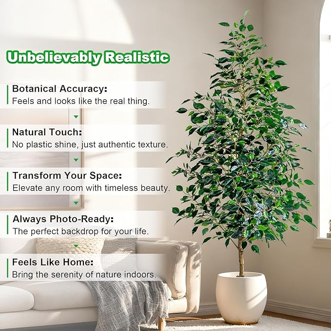 7FT Artificial Ficus Trees Indoor Faux Trees Indoor Fake Floor Plants Tall Artificial Tree with White Pot Faux Tree Fake Indoor Tree Silk Plants Artificial Trees for Home Decor Indoor
