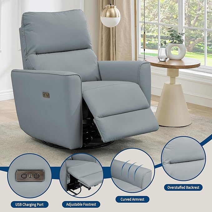 GarveeHome Power Recliner Chair Swivel Glider Upholstered Faux Leather Nursery Rocker Reclining Sofa Chair with Charging Port, Curved Armrests & Padded Backrest (Light Gray)