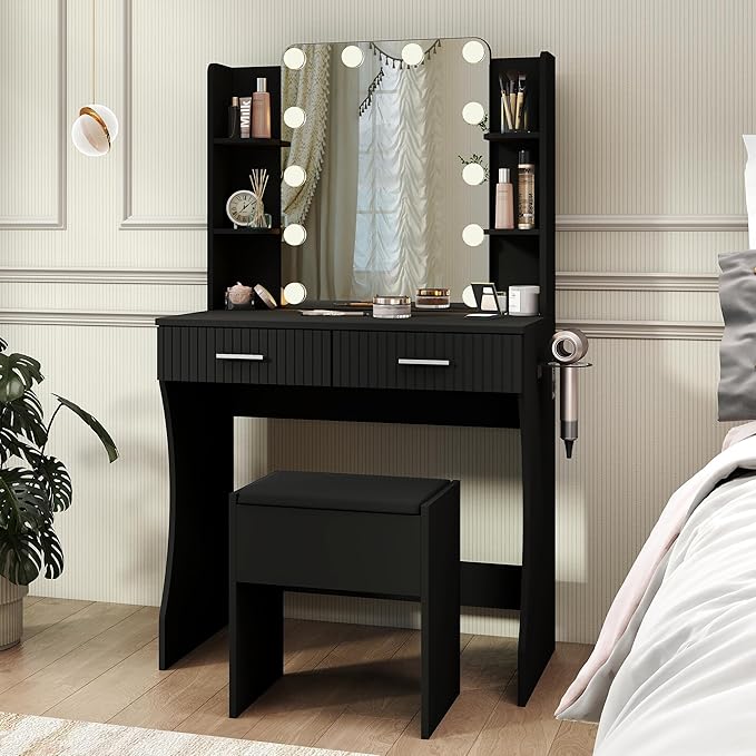 Black Vanity, Small Vanity Desk with Mirror and Lights, Makeup Vanity Desk with 3 Color Modes Adjustable Bulb, 2 Large Drawers and 4 Open Storage Shelves, Vanity with Chair for Bedroom