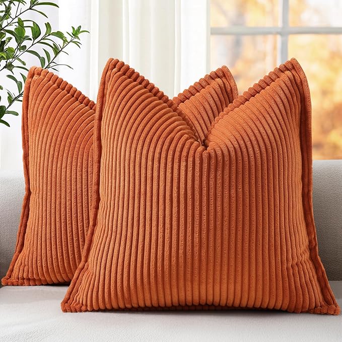 decorUhome Fall Corduroy Rust Throw Pillow Covers 22x22 Set of 2 Decorative Soft Boho Striped Neutral Euro Farmhouse Couch Pillow Covers with Broadside for Living Room Bed Sofa