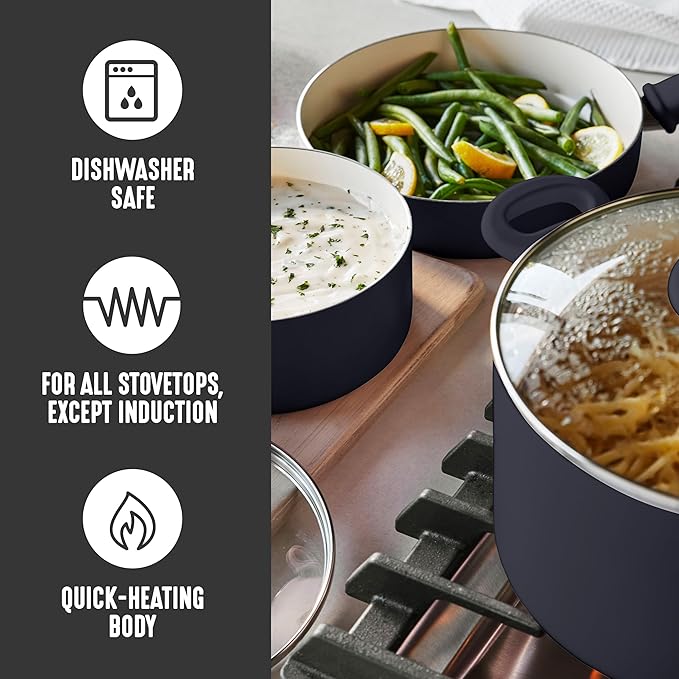 GreenLife 2QT Nonstick Saucepan with Glass Lid, Soft Grip, PFAS-Free Ceramic, Multipurpose Chef Pan, Milk & Sauce Cooking Pot, Dishwasher & Oven Safe to 350˚F, Stay-Cool Handle, Black