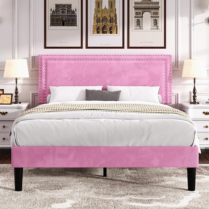 VECELO Full Size Bed Frame with Adjustable Upholstered Headboard, Wooden Slats Platform, Noise-Free Design, Easy Assembly