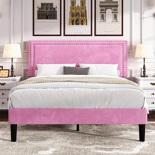 VECELO Full Size Bed Frame with Adjustable Upholstered Headboard, Wooden Slats Platform, Noise-Free Design, Easy Assembly