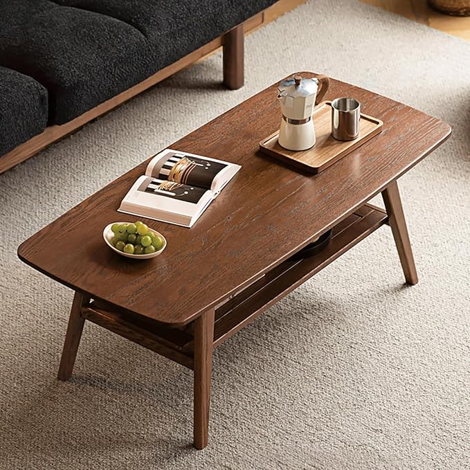 100% Solid Oak Coffee Table with Storage Shelf, 2-Tier Wooden Center Table for Living Room, Farmhouse Rustic Rectangle Table, Easy Assembly, Walnut Color, 39.37inch