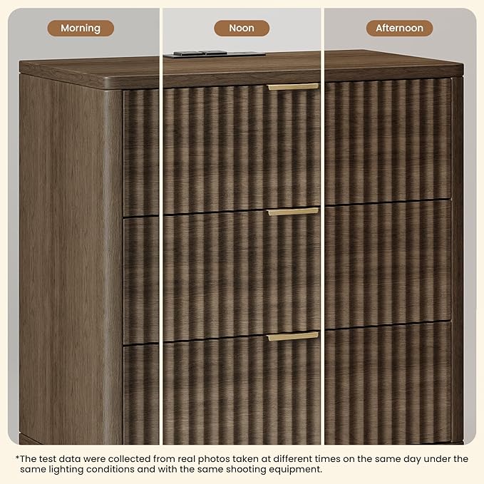 30" Tall Fluted NightStand Set of 2,Modern Side Table with Storage, 3 Drawers End Table with Charging Station,Night Stand Wood Bedside Tables for Bedroom,Curved Profile Design,Walnut