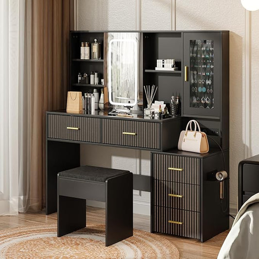 Large White Vanity Desk with Mirror and Lights，Vanity Table Makeup Vanity 5 Drawers with Power Strip Charging Station，Cushioned Stool for Bedroom, Dressing Room (Black)