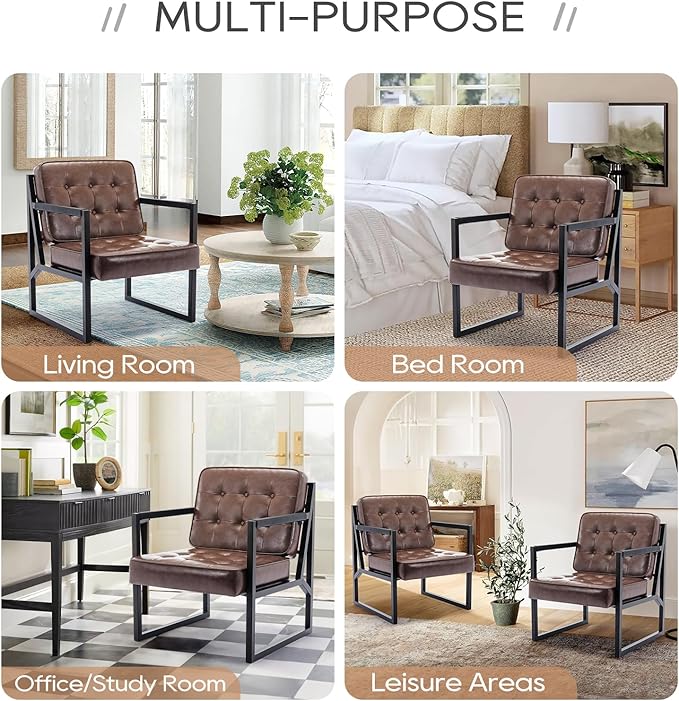 COLAMY Mid Century Modern Accent Chair, Comfy Living Room Chairs, Brown Leather Accent Chair, Faux Leather Reception Armchair with Metal Legs for Living Room Bedroom Reception Waiting Room, Brown