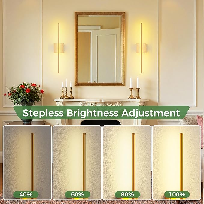 DORESshop Battery Operated Wall Sconces Set of Two with Remote Control, Rechargeable Wall Sconce, 350°Rotate Dimmable Wireless Wall Sconce for Living Room, Hallway, Bedroom, 23.7 Inch, Gold(2 Pack)