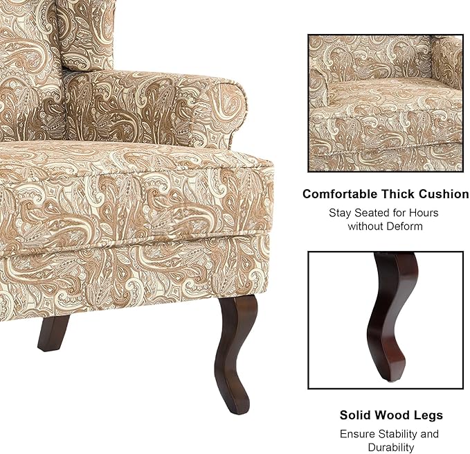 Accent Chair, High Back Upholstered Armchair with High Resilience Sponge & Wood Legs, Mid-Century Modern Comfy Single Sofa Reading Chairs for Living Room, Bedroom (Floral Sand, Set of 2)