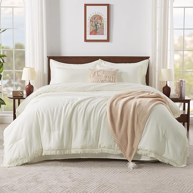 Andency Ivory King Size Comforter Set with Sheets - 7 Pieces Boho Tassel Bed in a Bag Soft Lightweight Bedding Sets, Ivory Fringe Bed Set with Comforter, Sheets, Pillowcases & Shams