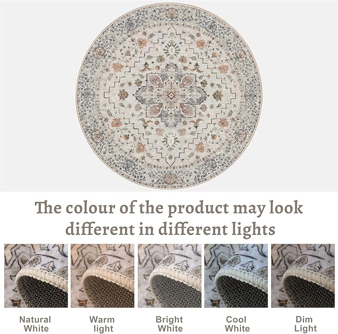 Tangsoo Vintage Round Rug 4ft Washable Circle Rug, Non Slip Small Boho Round Rug, Low Pile Circular Rugs, Round Carpet for Bedroom,Entryway,Nursery,Dorm,Kitchen,Taupe