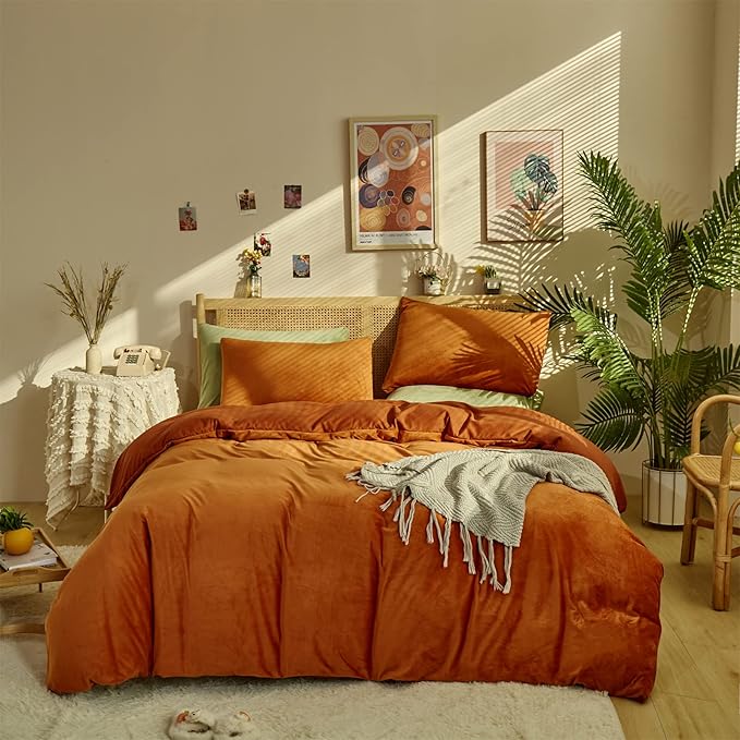 Luxlovery Burnt Orange Fluffy Comforter Set King Rust Caramel Plush Velvet Bedding Comforter Sets Winter Warm Comfy Soft Rust Orange Reddish Brown Sherpa Micromink Bedding Comforter Set