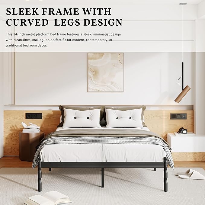 ZIYOO 14 inch Metal Queen Bed Frame with Vintage Style, Mattress Slide Stopper, 1500LBS Heavy Duty Steel Slats, No Box Spring Needed, Platform Noise-Free, Easy Assembly