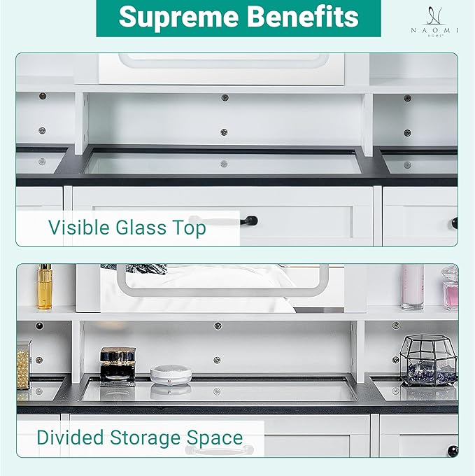 Naomi Home Vanya 47" Makeup Vanity with Sliding Mirror and Lights Farmhouse Vanity Table with 5 Drawers 2 cabinets Visible Glass top and 3 Color Lighting Modes Charging Station with Stool