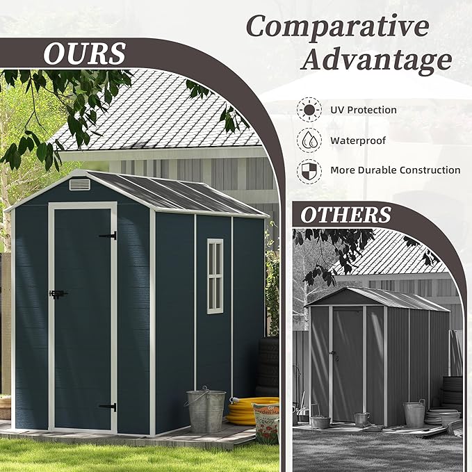 4' x 8' Resin Storage Shed Outdoor, PP Material & Strong Structure for All Weather, Plastic Garden Shed w/Window for Garden, Backyard, Poolside and Lawn, 15mm Thick PP Board - Dark Grey
