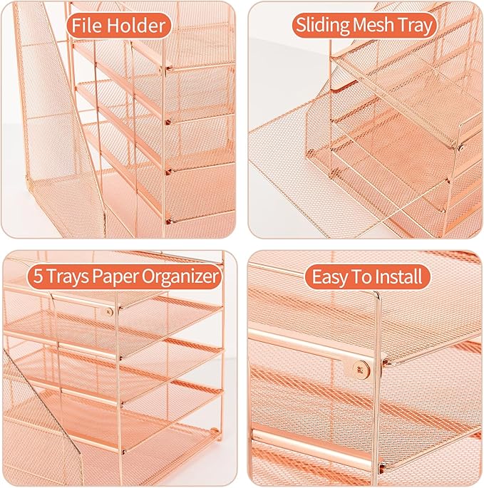 AUPSEN Desk Organizer with File Holder, 5 Trays Paper Letter Tray Organizer, Mesh Desk Organizers and Accessoriesand for Home Office (Rose Gold)