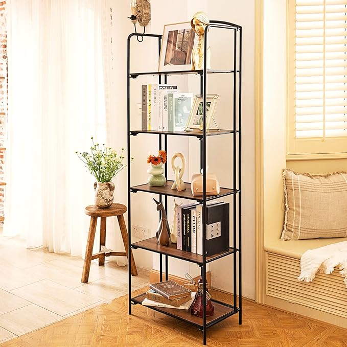Crofy No Assembly Folding Bookshelf for Living Room, 5 Tier Black Collapsible Book Shelf for Home Office, Portable Bookcase Storage Organizer