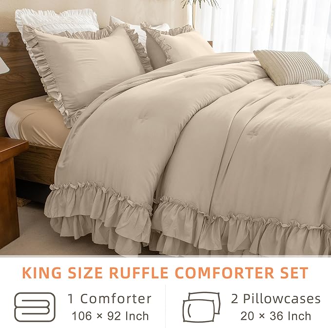 Queen's House Ruffled King Size Comforter Set,Linen Feel Textured Farmhouse Lightweight Fluffy Boho Chic Bedding Comforter,Ultra Soft Microfiber Inner Fill Bedding