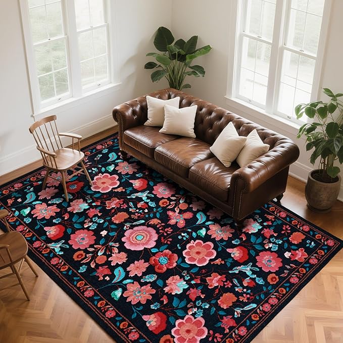 8x10 Area Rug for Living Room Clearance, Modern Washable Rug Non Slip Low Pile Floral Rugs for Living Room, Bedroom, Farmhouse, Dining Room, Kids Playroom, Black