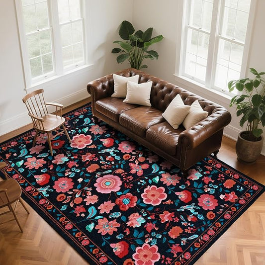 8x10 Area Rug for Living Room Clearance, Modern Washable Rug Non Slip Low Pile Floral Rugs for Living Room, Bedroom, Farmhouse, Dining Room, Kids Playroom, Black