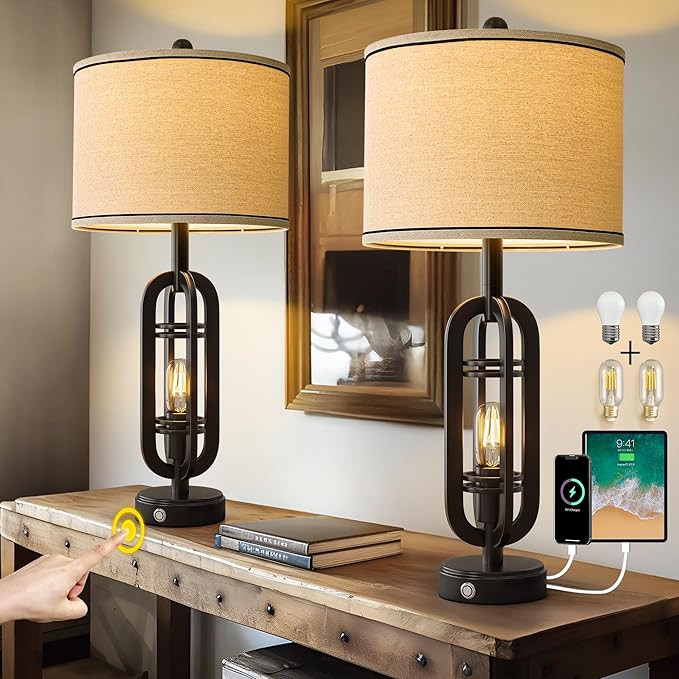 27.25'' Table Lamps Set of 2 for Living Room Bedroom Industrial Farmhouse Metal Touch Lamps with USB A+C Ports, Night Light Vintage Nightstand Bedside Lamp, Bulbs Included, Black