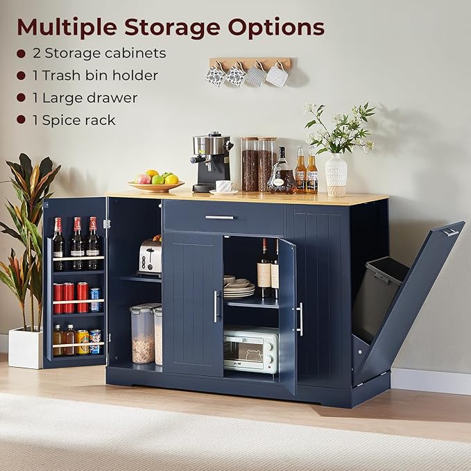 53" Long Kitchen Island with Trash Can Storage, Blue Kitchen Cart with Garbage Bin 10 Gallon, Portable Island with Trash Can, Wood Top, Spice Rack and Drawers