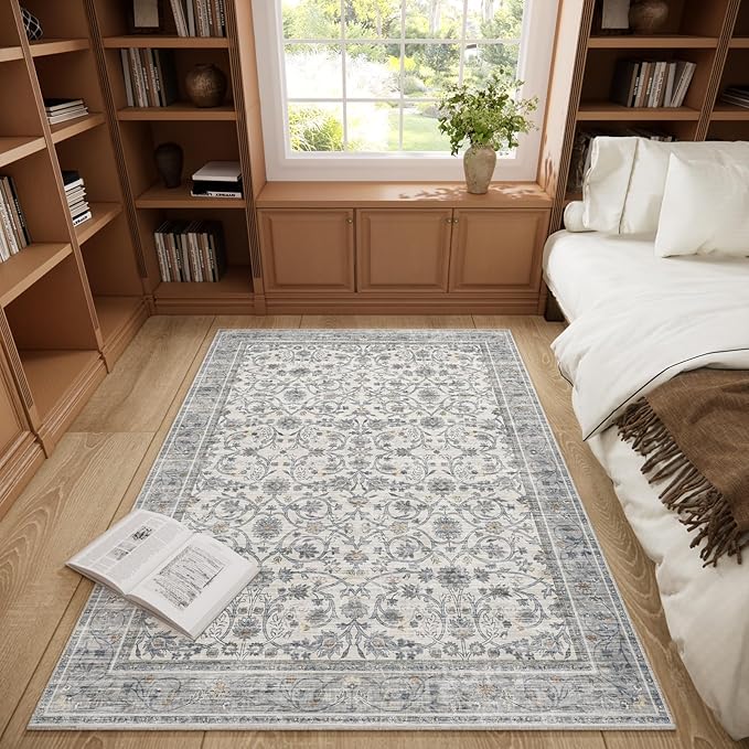 Washable Area Rugs 5'x7' Non-Slip Vintage Boho Distressed Fade Resistant Low Pile Carpet for High-Traffic Living Room, Bedroom & Dining Room