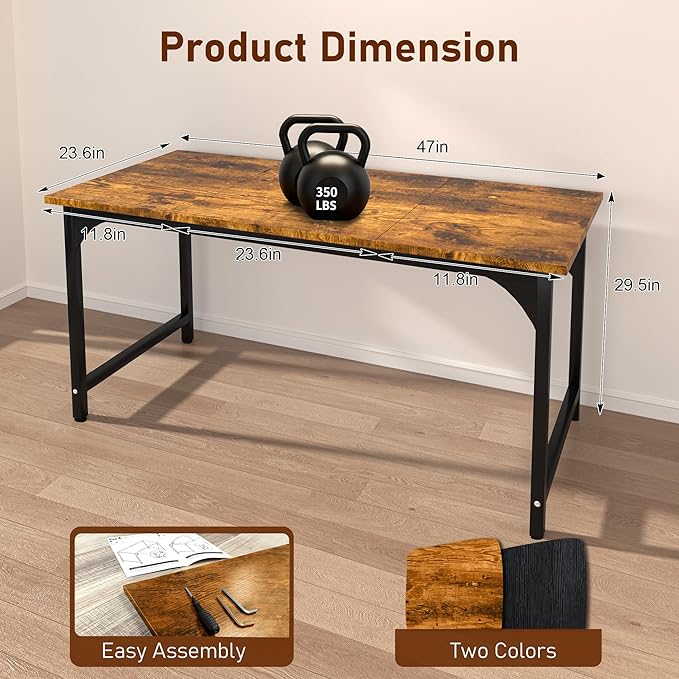 47'' Computer Desk with Deeper Desktop, Home Office Desk Workstation with Sturdy Metal Frame, Modern Simple Desk for Gaming Studying Writing,Rustic Brown