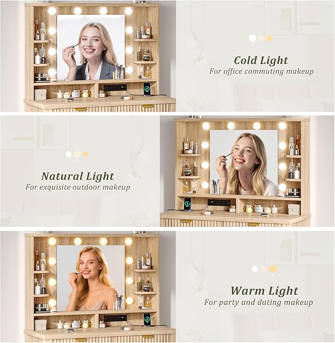 Vanity Desk with HD Mirror and 3-Color Adjustable Lights, Fluted Makeup Vanity with Storage Stool, 2 Large Drawers & Charging Station, Small Vanity for Women's Bedroom, Dressing Room, Oak