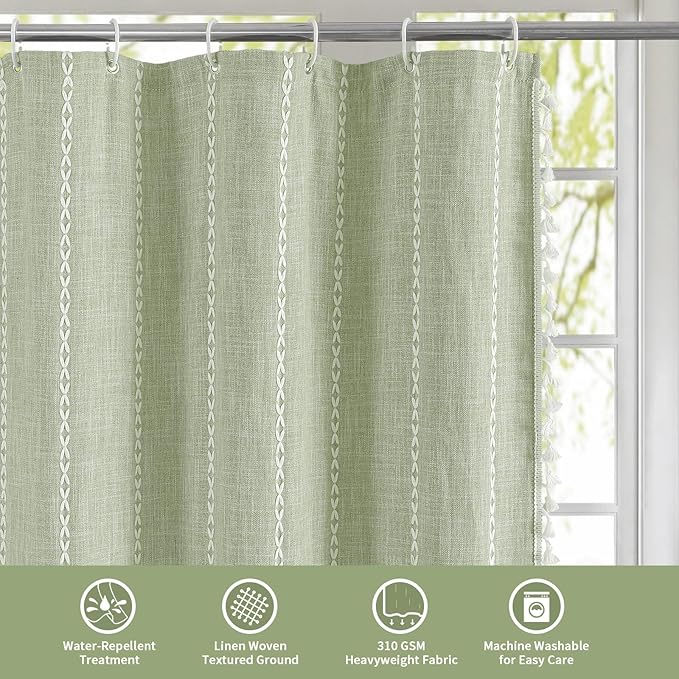 MitoVilla Boho Small Stall Fabric Shower Curtain 36 x 72, Sage Green Half Size Narrow Polyester Linen Tassel Cloth Shower Curtains for Chic Modern Farmhouse Country Bathroom Decor