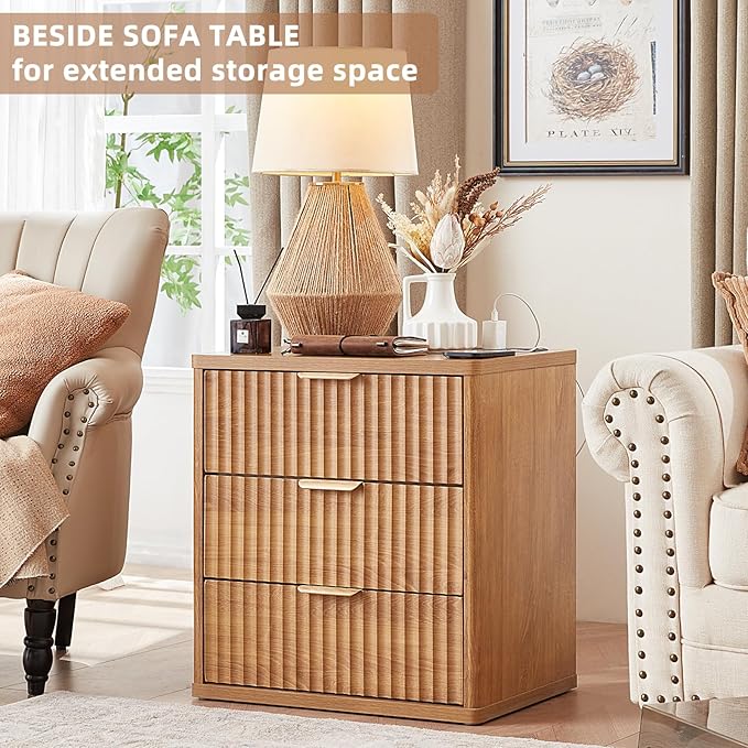 LEYAOYAO 23" Wide Fluted Farmhouse Night Stand Set of 2 with Charging Station, 3 Drawers Large End Table w/Metal Handle, Brown Nightstand Bedside Table,Wood Dresser for Bedroom, Closet