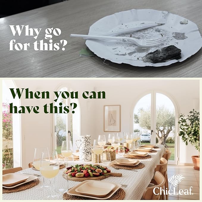Chic Leaf Compostable & Biodegradable Palm Leaf Disposable Bamboo Plates - Disposable Party Plates for Appetizers - Christmas Meal Dinner, Turkey Holiday Food - Reusable Supplies (10 & 7 Inch Square)