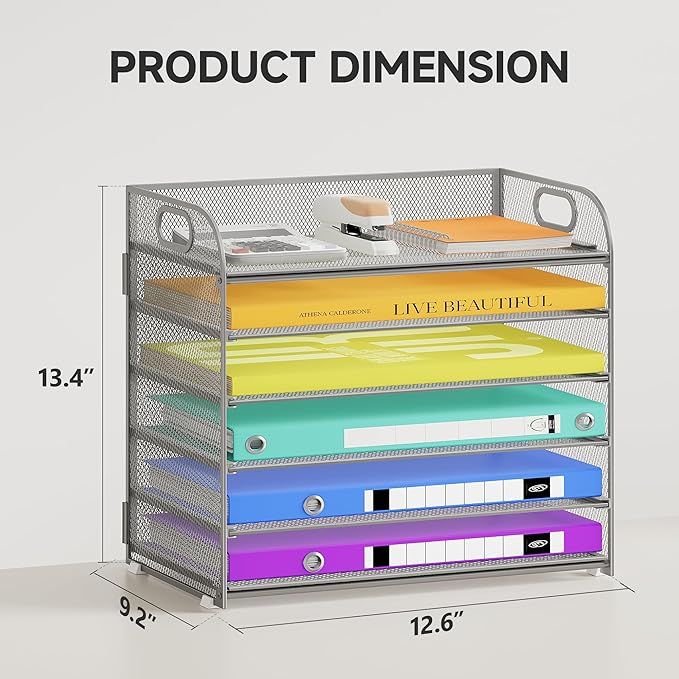 6 Tier Paper Organizer with Handle, Metal Desk Organizer Mesh Paper Letter Tray Desktop File Folder Document Sorter for Classroom, School, Office Accessories Organization and Storage - Silver