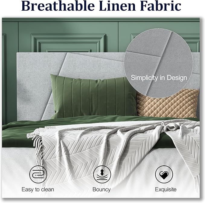 Queen Size Bed Frame, Queen Platform Bed Frame with Fabric Upholstered Headboard, Geometric Pattern, Sturdy Frame and Slats, Noiseless, No Springs Required, Easy to Assemble，Light Gray