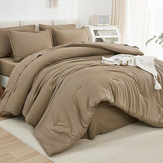 Litanika California King Comforter Set Taupe - 7 Pieces Bed in a Bag Cal King Bedding Comforter Sets, Plain Lightweight Bed Set with Comforter, Sheets, Pillowcases & Shams