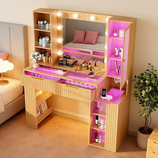 Vanity Desk with Mirror and Lights with Glass Table Top, Makeup Vanity Table with LED Lights,Dressing Table with Storage Cabinet, Brightness Adjustable, Vanity Set for Bedroom,Oak