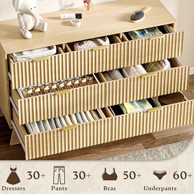 Fluted Dresser for Bedroom with 7 Drawer, Mid Century Modern Chest of Drawers, 48" Wide Natural Wood Dresser for Closet, Wooden Boho Chest Closet Storage TV Stand for Bedroom, Nature