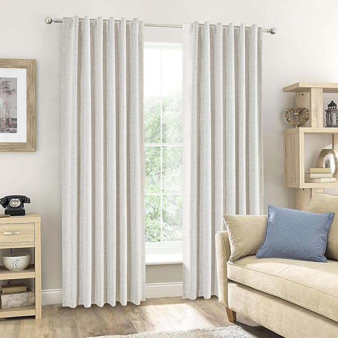 Cream Linen 100% Blackout Curtains 84 Inches Long 2 Panels Set for Living Room Bedroom Back Tab Thermal Insulated Black Out Linen Drapes Room Darkening Window Curtains