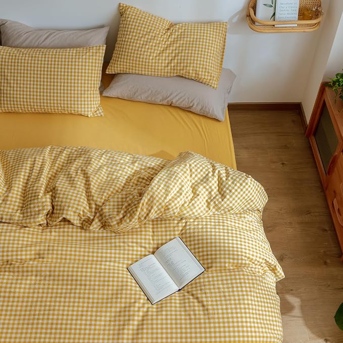 mixinni Yellow Gingham Comforter Set Queen, Plaid Comforter Set 3 Pieces 1 Yellow Grid Comfoter with 2 Pillow Cases for All Seasons, Soft Fluffy Modern Grid Pattern Printed Bedding-Queen Size