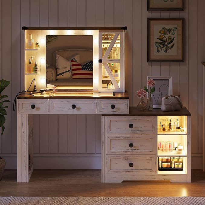 Farmhouse Vanity Desk with Lighted Mirror, Makeup Vanity Table with 9 Hollywood Bulb Lights/6 Drawers/Large Storage, White Dressing Table 3 Colors Lighting & Charging Station for Women