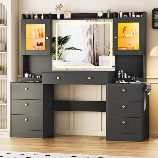 63" Makeup Vanity Desk with Mirror and Lights, Glass Top Makeup Vanity with Power Outlet, 3 Lighting Colors, 7 Drawers, 2 Cabinets for Bedroom, Black