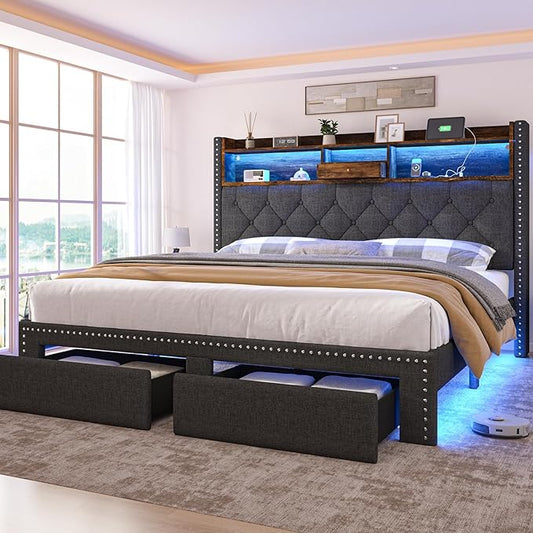 Queen Size Bed Frame, Linen Storage Headboard with LED Light & Charging Station, Upholstered Platform Bed with 2 Storage Drawers, Steel Slats Support, No Box Spring Needed, Grey
