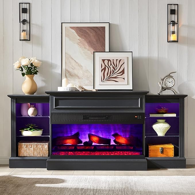 AMERLIFE 60" Electric Fireplace with Mantel, Farmhouse 3-Sided Fireplace TV Stand for TVs up to 65 Inch, Entertainment Center with Adjustable Shelves & LED Light, Antique Black
