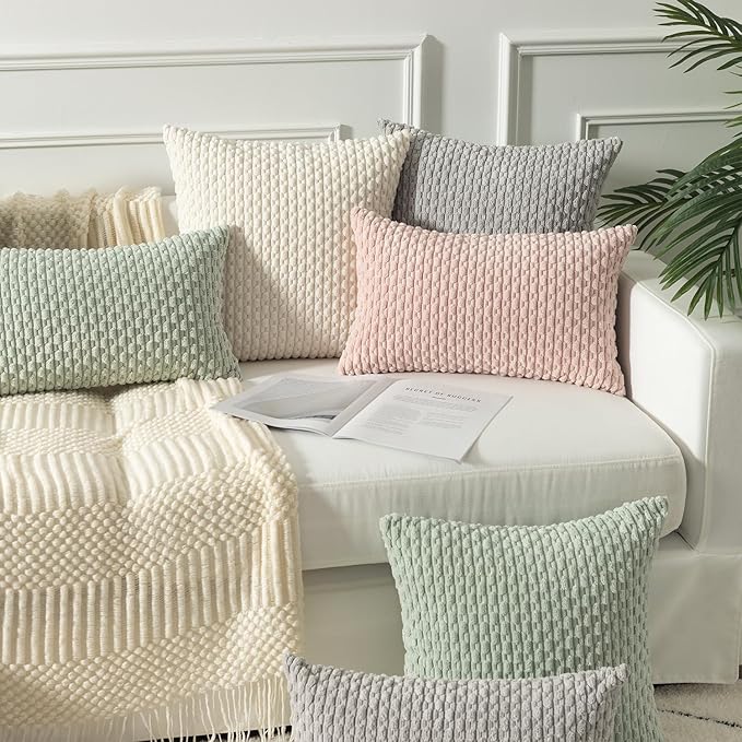 Kevin Textile Set of 2 Decorative Pillow Cover Solid Striped Corduroy Plush Velvet Boho Cushion Cover for Couch 50cm 20 x 20 Inch Cream