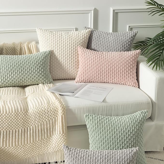 Kevin Textile 2 Packs Cream White Decorative Throw Pillow Covers 26x26 Inch for Living Room Couch Bed Sofa Rustic Farmhouse Boho Home Decor Soft Striped Corduroy Square Cushion Case 66x66 cm