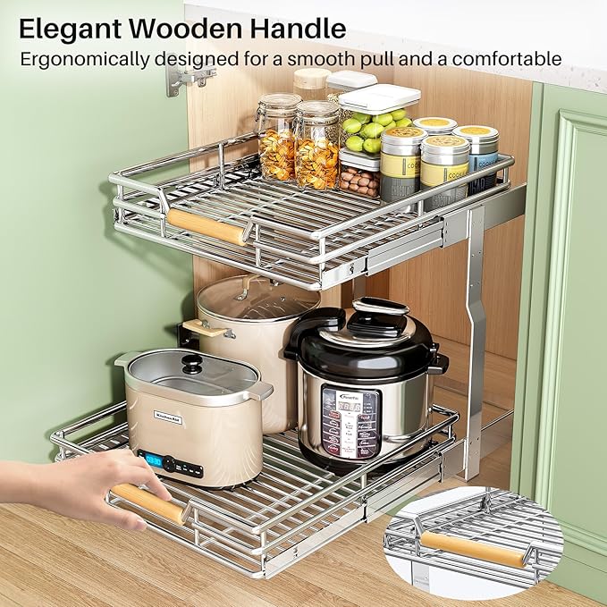 Kitstorack Pull out Cabinet Organizer, 2 Tier Heavy Duty Smooth Sliding Under Cabinet Shelves for Pots and Pans,Roll out Drawers with Thickened Chrome Plating(17" W X 21" D)