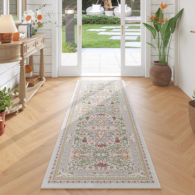 Runner Rug for Kitchen Rug Non Slip 2'x6' Washable Rugs with Rubber Backing Soft Vintage Floral Botanical Carpet Runner for Kitchen, Laundry, Bedroom, Bathroom, Beige