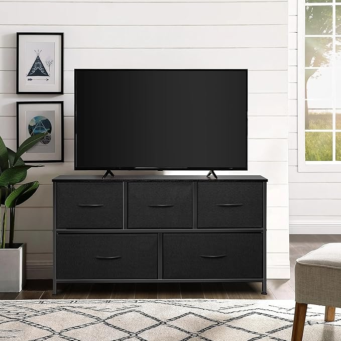 Dresser for Bedroom with 5 Drawers, Chest of Drawers, Storage Drawers Organizer Unit, Black Wide Fabric Dresser with Fabric Bins for Closet, Living Room, Bedroom (Charcoal Black)