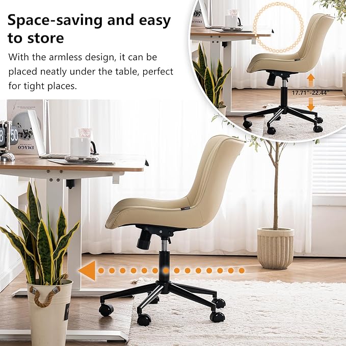 YOUNIKE Beige Home Office Desk Chair with Wheels Swivel Comfy Armless Vanity Chair with Back Modern Leather Upholstered Rolling Task Chair Small Cute Drafting Sewing Chair No Arms Adjustable